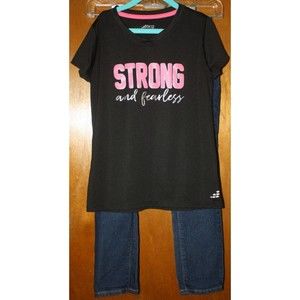 Girls BCG Black SS Top & Old Navy Stonewash Jeans Set Sz M Strong & Fearless